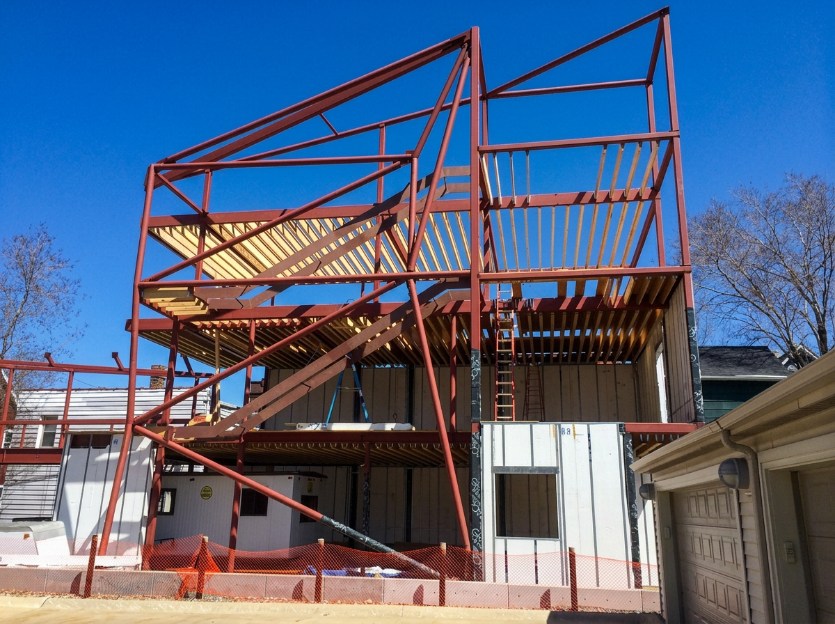 Welded structural steel frame during construction